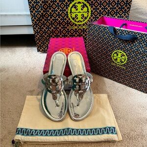 Tory Burch Miller Silver Mirror Metallic Sandals New!